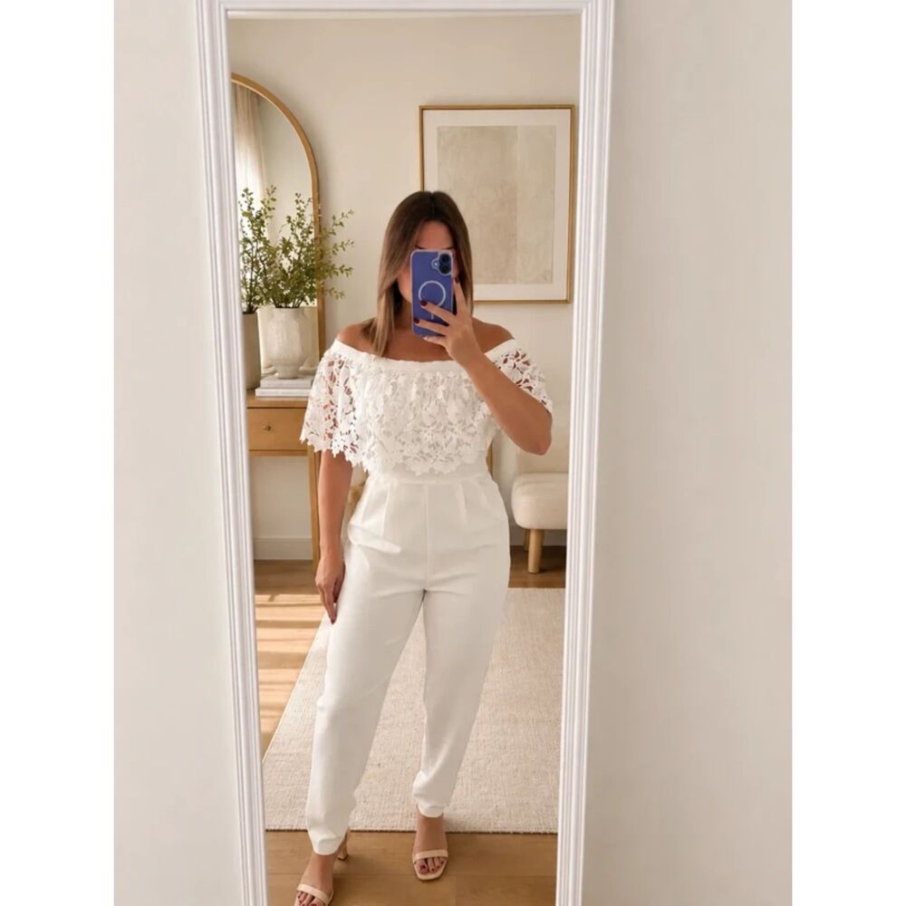 Eliza J White Lace Off Shoulder Jumpsuit Size 6 Elegant Lined